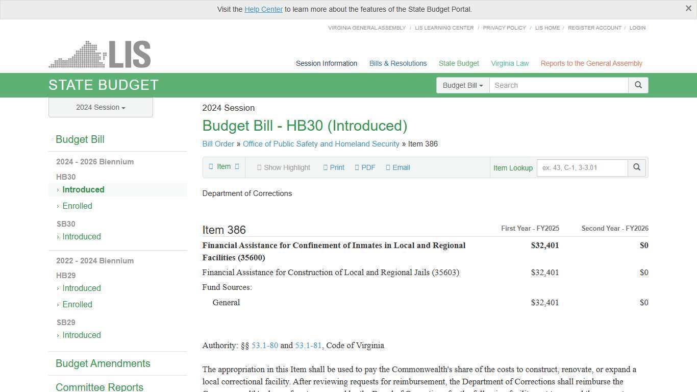 Item 386 (DOC) Financial Assistance for Confinement of Inmates in Local and Regional Facilities. HB30 - Introduced